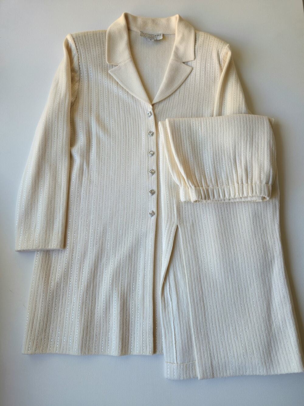VTG St. John Evening Santana Shimmer Knit Long Skirt Suit Rhinestones Ivory 16